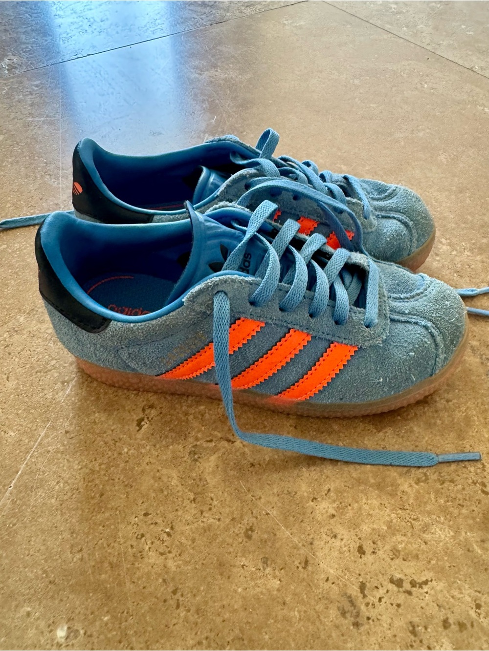 adidas Kids Blue Suede Sneakers with Bright Orange Stripes